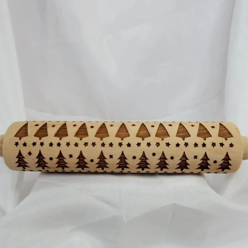 Embossed Rolling Pins for Baking Christmas Tree Engraved Wooden Rolling
